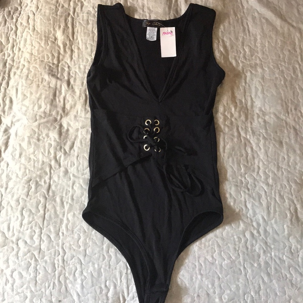 V-Neck Black Body Suit with Corset Embellishment